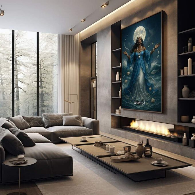 Quadro Decorativo Orixá Iemanjá: Rainha do Mar | quadros decorativos premium | Deusa da lua em veste azul contra lua cheia, com braços abertos e aura dourada em composição realista. | em ambiente 4 | Porao dos Quadros