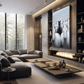 Quadro Decorativo Cavalo: Elegância e Singularidade | quadros decorativos premium | Cavalo negro centralizado entre cavalos brancos em composição fotográfica com contraste dramático | em ambiente 4 | Porao dos Quadros