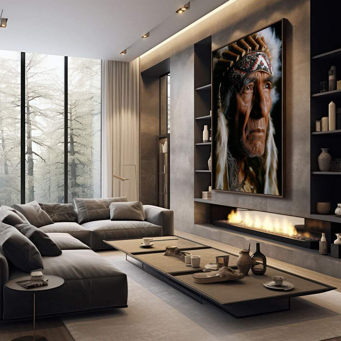 Quadro Decorativo - Retrato de Sabedoria Indígena | quadros decorativos premium | Retrato fotográfico de indígena com cocar tradicional em tons marrom e preto com luz expressiva. | em ambiente 4 | Porao dos Quadros