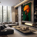Quadro Decorativo Mulher Vibrante | quadros decorativos premium | Mulher em turbante laranja e amarelo com brincos dourados em fundo verde profundo | em ambiente 4 | Porao dos Quadros