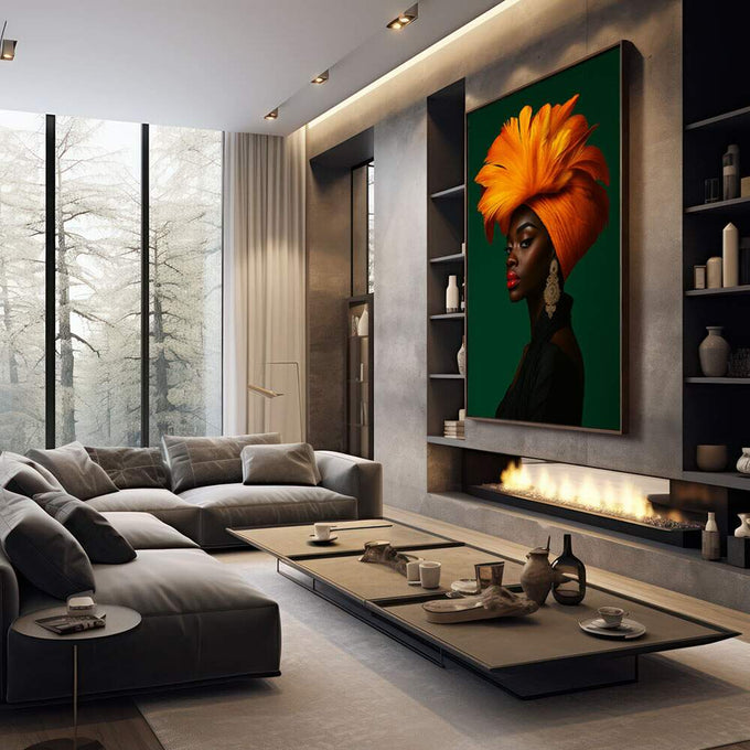 Quadro Decorativo Mulher Vibrante | quadros decorativos premium | Mulher em turbante laranja e amarelo com brincos dourados em fundo verde profundo | em ambiente 4 | Porao dos Quadros