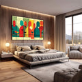 Quadro Decorativo Abstrato Vibrante Energia das Conexões | quadros decorativos premium | Composição abstrata com figuras geométricas em vermelho, verde, amarelo e azul-petróleo sobre fundo pastel. | em ambiente 4 | Porao dos Quadros