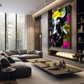 Quadro Decorativo Boêmio da Força | quadros decorativos premium | Touro em preto e branco com padrões geométricos amarelos, azuis e rosa neon em estilo pop art | em ambiente 4 | Porao dos Quadros