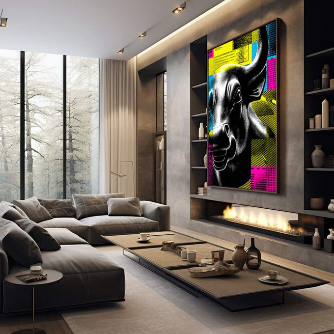 Quadro Decorativo Boêmio da Força | quadros decorativos premium | Touro em preto e branco com padrões geométricos amarelos, azuis e rosa neon em estilo pop art | em ambiente 4 | Porao dos Quadros