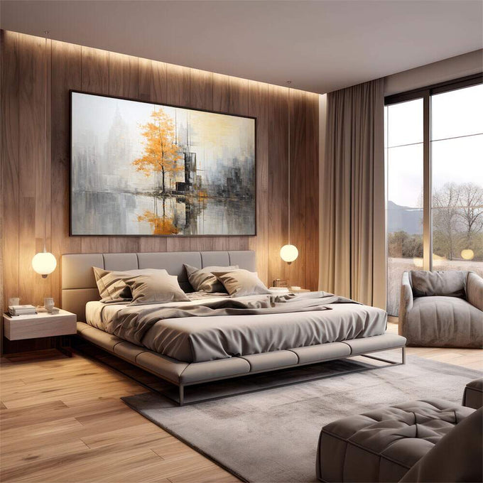 Quadro Decorativo Árvore Laranja Urban Art | quadros decorativos premium | Árvore dourada entre prédios cinzentos refletida em água calma urbana. | em ambiente 4 | Porao dos Quadros