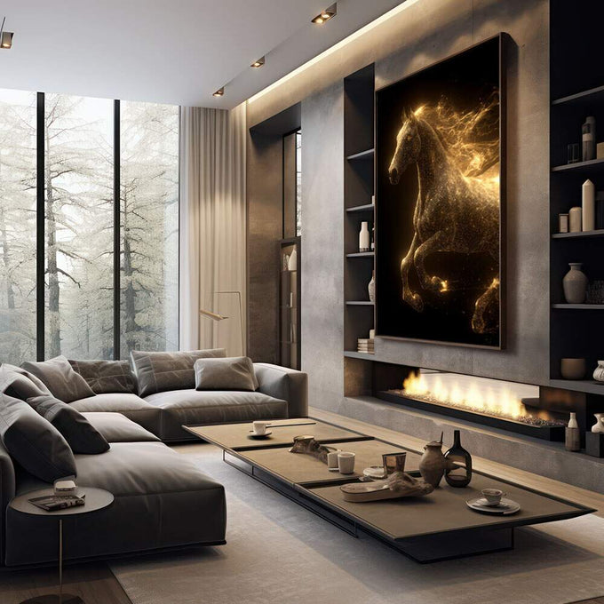 Quadro Decorativo Cavalo Dourado Etéreo | quadros decorativos premium | Cavalo majestoso em preto e dourado com efeito de luz luminosa e partículas flutuantes em composição artística. | em ambiente 4 | Porao dos Quadros