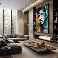 Quadro Decorativo - Energia Musical em Cores | quadros decorativos premium | Rosto em tons de cinza com cores vibrantes azul, vermelho e amarelo em composição pop art | em ambiente 4 | Porao dos Quadros