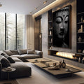 Quadro Decorativo Buda em Cinza Elegante | quadros decorativos premium | Retrato de Buda em preto e branco com textura profunda e olhos fechados em meditação. | em ambiente 4 | Porao dos Quadros
