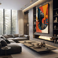 Quadro Decorativo Abstrato Serenidade e Força | quadros decorativos premium | Perfil feminino em preto envolvido por formas geométricas em vermelho, laranja e azul | em ambiente 4 | Porao dos Quadros