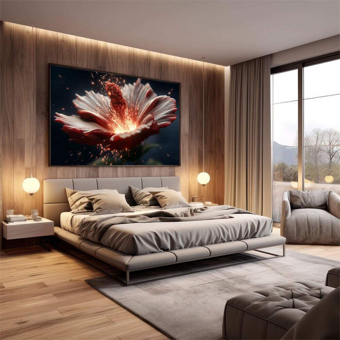 Quadro Decorativo Hibisco Radiante Sofisticado | quadros decorativos premium | Flor vermelha com pétalas abertas em explosão de luz branca e movimento dinâmico. | em ambiente 4 | Porao dos Quadros