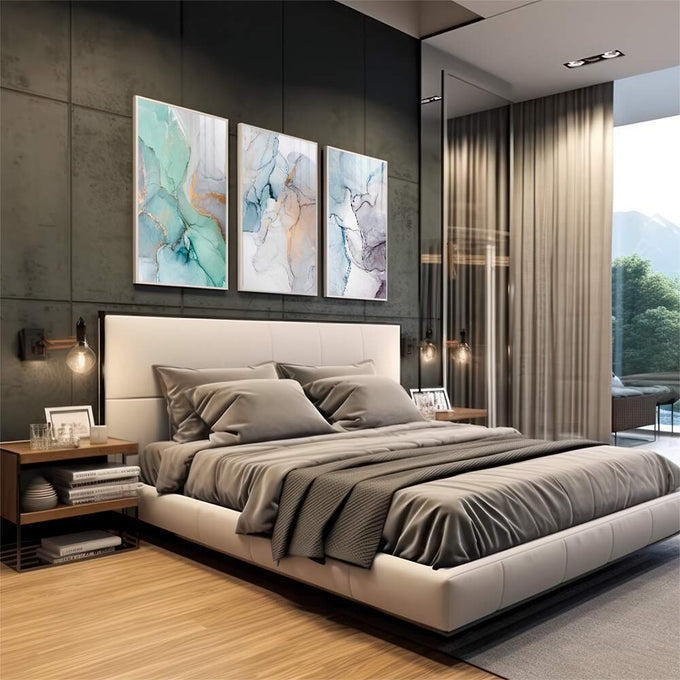 Quadro Decorativo: Explosão de Cores para Estímulo Visual | quadros decorativos premium | Triptela abstrata em aquarela com fluxos fluidos de azul, verde-menta e bege | em ambiente 4 | Porao dos Quadros