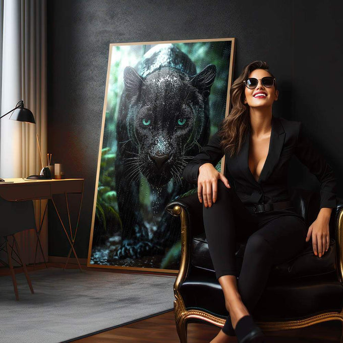 Quadro Decorativo Jagua ? A Elegância da Natureza em Sua Parede | quadros decorativos premium | Pantera preta com olhos turquesa vibrantes em floresta verde e úmida, composição realista | em ambiente 4 | Porao dos Quadros