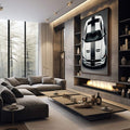 Quadro Decorativo Carro Esportivo em Movimento | quadros decorativos premium | Mustang branco com faixas pretas em visão superior com contraste marcante | em ambiente 4 | Porao dos Quadros