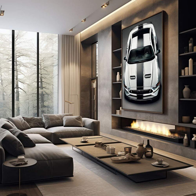 Quadro Decorativo Carro Esportivo em Movimento | quadros decorativos premium | Mustang branco com faixas pretas em visão superior com contraste marcante | em ambiente 4 | Porao dos Quadros