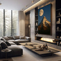 Quadro Decorativo Majestade da Lua e Montanha | quadros decorativos premium | Lua cheia dourada acima de montanha rochosa em tons ocre, céu azul noturno profundo. | em ambiente 4 | Porao dos Quadros
