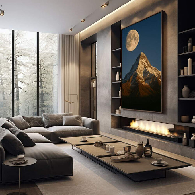 Quadro Decorativo Majestade da Lua e Montanha | quadros decorativos premium | Lua cheia dourada acima de montanha rochosa em tons ocre, céu azul noturno profundo. | em ambiente 4 | Porao dos Quadros