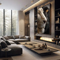 Harmonia Selvagem: Quadro do Leão e Pantera | quadros decorativos premium | Leões preto e branco em close de perfil com olhos âmbar intensos e detalhes fotográficos reais | em ambiente 4 | Porao dos Quadros