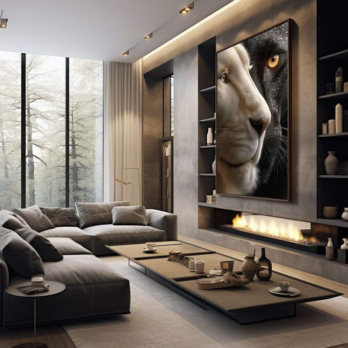 Harmonia Selvagem: Quadro do Leão e Pantera | quadros decorativos premium | Leões preto e branco em close de perfil com olhos âmbar intensos e detalhes fotográficos reais | em ambiente 4 | Porao dos Quadros