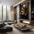 Quadro Decorativo Folha de Monstera Dourada | quadros decorativos premium | Folha monstera em dourado luminoso com recortes característicos sobre fundo azul profundo. | em ambiente 4 | Porao dos Quadros