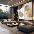 Quadro Decorativo Reflexos Dourados - Suprema Elegância | quadros decorativos premium | Duas telas abstratas com formas geométricas em tons bege e cinza com texturas e curvas contidas. | em ambiente 4 | Porao dos Quadros