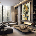 Escultura de Serenidade: Quadro Moderno | quadros decorativos premium | Busto clássico em bege com plantas verdes e amarelas, formas geométricas em laranja e preto | em ambiente 4 | Porao dos Quadros