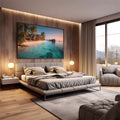 Quadro Decorativo Tropical Sereno | quadros decorativos premium | Praia tropical com casa de madeira e palmeiras ao entardecer com água turquesa cristalina | em ambiente 4 | Porao dos Quadros