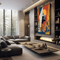 Quadro Decorativo Silhueta da Liberdade | quadros decorativos premium | Mulher em perfil preto e branco circundada por elementos abstratos em azul, vermelho, amarelo e laranja. | em ambiente 4 | Porao dos Quadros