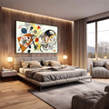 Quadro Decorativo - Energia Minimalista Vibrante | quadros decorativos premium | Composição geométrica abstrata com círculos, triângulos e linhas em amarelo, laranja e preto | em ambiente 4 | Porao dos Quadros