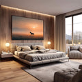 Quadro Decorativo Cavalo em Liberdade Plena | quadros decorativos premium | Cavalo em silhueta ao pôr do sol dourado em campo com névoa matinal e composição poética | em ambiente 4 | Porao dos Quadros