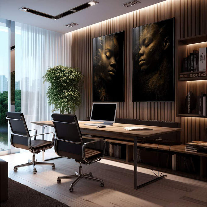 Quadro Decorativo Serenidade e Estilo | quadros decorativos premium | Dois retratos em ouro e preto com expressão contemplativa e profundidade fotográfica | em ambiente 4 | Porao dos Quadros