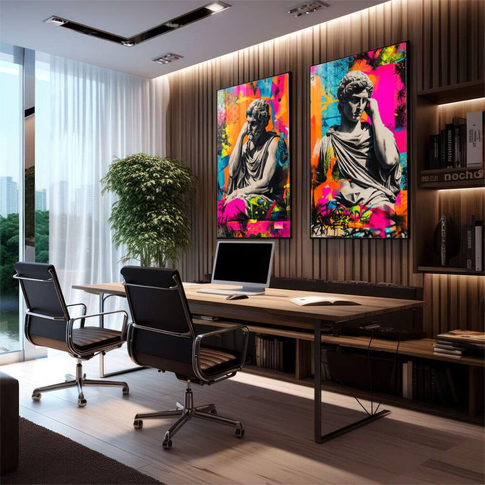 Quadro Decorativo Clássico e Vibrante | quadros decorativos premium | Dois bustos clássicos gregos em cinza sobre fundo vibrante com cores pop art magenta, azul, laranja e amarelo. | em ambiente 4 | Porao dos Quadros