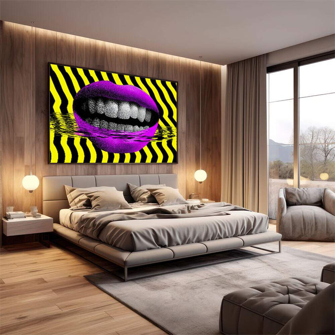 Quadro Decorativo Boca Vibrante | quadros decorativos premium | Boca rosa e magenta com padrão geométrico amarelo e preto em composição digital contemporânea | em ambiente 4 | Porao dos Quadros