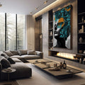 Harmonia Abstrata: Quadro Feminino Elegante | quadros decorativos premium | Rosto em preto e branco com padrões geométricos azuis e laranja em composição moderna. | em ambiente 4 | Porao dos Quadros