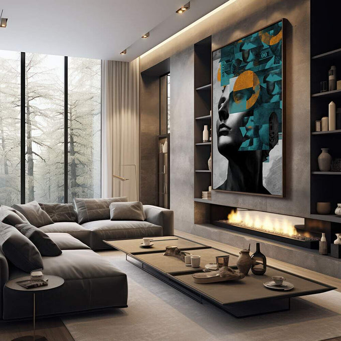 Harmonia Abstrata: Quadro Feminino Elegante | quadros decorativos premium | Rosto em preto e branco com padrões geométricos azuis e laranja em composição moderna. | em ambiente 4 | Porao dos Quadros