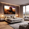 Leão de juba avermelhada deitado em trigal dourado na savana ao pôr do sol, quadro decorativo
