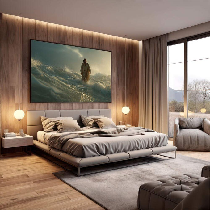 Quadro Decorativo: Caminho Sobre as Águas | quadros decorativos premium | Figura solitária em tempestade de nuvens douradas e cinza com luz celestial envolvente | em ambiente 4 | Porao dos Quadros