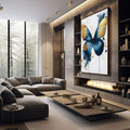 Quadro Decorativo Borboleta Azul e Dourada | quadros decorativos premium | Borboleta azul e dourado com efeito aquarela e respingos em fundo branco. | em ambiente 4 | Porao dos Quadros