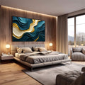 Quadro Decorativo Azul Abstrato Elegante | quadros decorativos premium | Ondas abstratas em azul profundo e dourado fluindo em composição dinâmica | em ambiente 4 | Porao dos Quadros