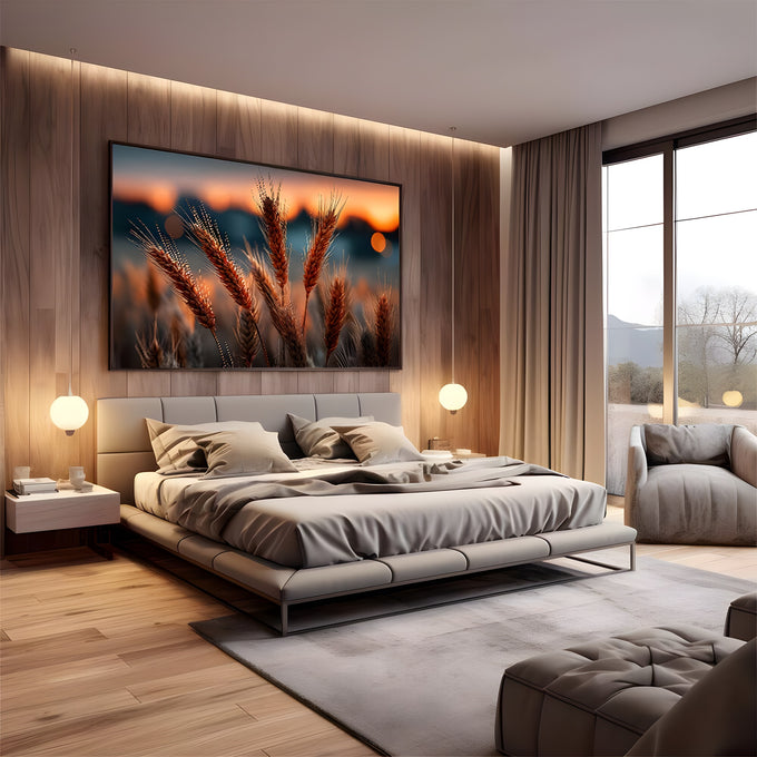 Espigas de trigo em contraluz com fundo desfocado laranja do pôr do sol, quadro decorativo