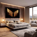 Quadro Decorativo Asas Douradas Elegantes | quadros decorativos premium | Asas douradas incandescentes em chamas com efeito luminoso sobre fundo preto absoluto | em ambiente 4 | Porao dos Quadros