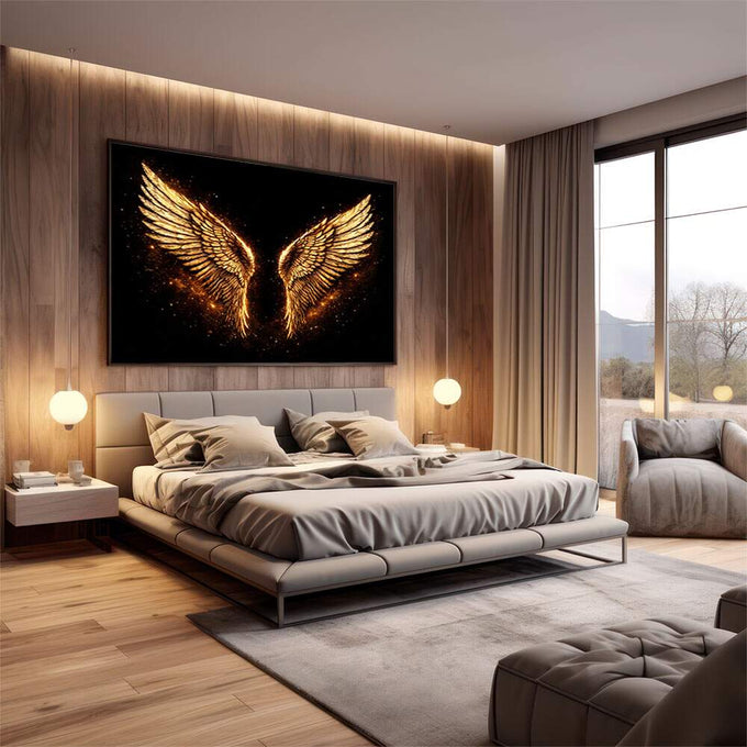 Quadro Decorativo Asas Douradas Elegantes | quadros decorativos premium | Asas douradas incandescentes em chamas com efeito luminoso sobre fundo preto absoluto | em ambiente 4 | Porao dos Quadros
