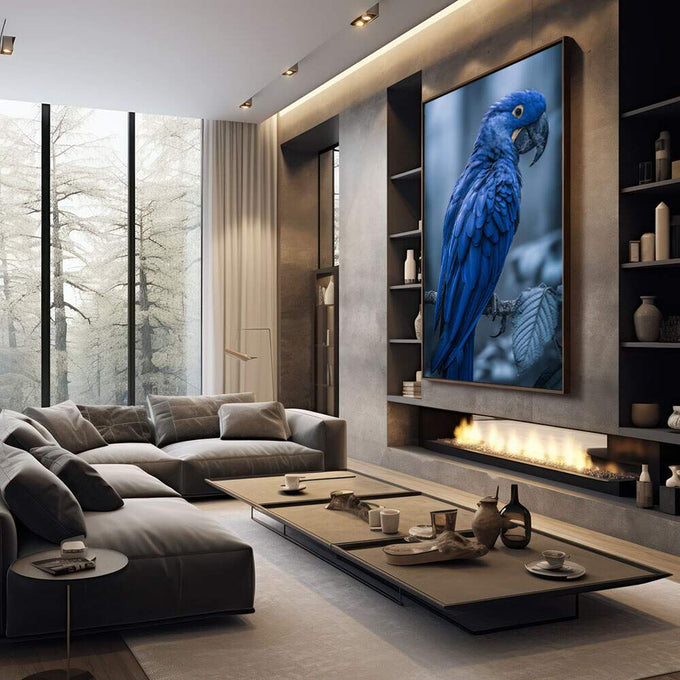 Quadro Decorativo Arara Azul Vibrante | quadros decorativos premium | Arara azul com olho dourado em galho, fotografia realista de alta qualidade com fundo neutro. | em ambiente 4 | Porao dos Quadros