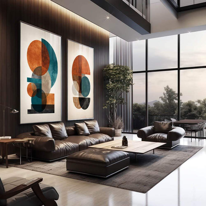 Quadro Decorativo Minimalista em Duo | quadros decorativos premium | Duas composições abstratas geométricas em laranja, azul, bege e tons terrosos com círculos e retângulos sobrepostos. | em ambiente 4 | Porao dos Quadros