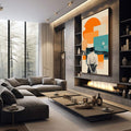 Quadro Decorativo Reflexão Moderna Imagine-se | quadros decorativos premium | Mulher com cabeça envolvida em formas geométricas laranja e turquesa em colagem contemporânea. | em ambiente 4 | Porao dos Quadros