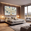 Quadro Decorativo Árvore da Vida | quadros decorativos premium | Árvore branca em relevo com borboletas azuis em composição elegante e sofisticada | em ambiente 4 | Porao dos Quadros