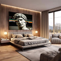 Quadro Decorativo - Escultura Clássica | quadros decorativos premium | Busto clássico em branco com linhas coloridas digitais rasgando a composição, efeito glitch em fundo preto. | em ambiente 4 | Porao dos Quadros