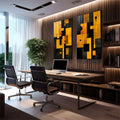 Quadro Decorativo Geométrico Preto e Amarelo | quadros decorativos premium | Composição geométrica abstrata com formas retangulares em amarelo ouro e preto com movimento dinâmico | em ambiente 4 | Porao dos Quadros