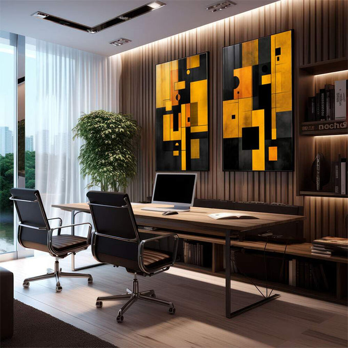 Quadro Decorativo Geométrico Preto e Amarelo | quadros decorativos premium | Composição geométrica abstrata com formas retangulares em amarelo ouro e preto com movimento dinâmico | em ambiente 4 | Porao dos Quadros
