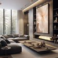 Quadro Decorativo Floral Elegante | quadros decorativos premium | Flor branca com pétalas texturizadas em tons bege e creme com luz natural | em ambiente 4 | Porao dos Quadros