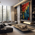 Quadro Decorativo Penas Vibrantes | quadros decorativos premium | Penas texturizadas em vermelho, amarelo e azul com padrões lineares detalhados em composição abstrata | em ambiente 4 | Porao dos Quadros